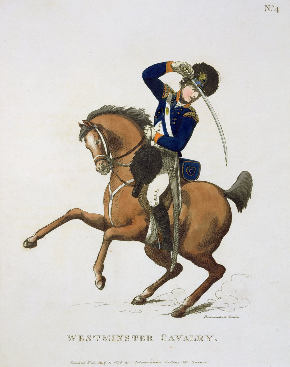 Westminster Cavalry Volunteer, płyta 4 z „Loyal Volunteers of London and Environs”, opublikowana w 1798 r. autorstwa Thomas Rowlandson