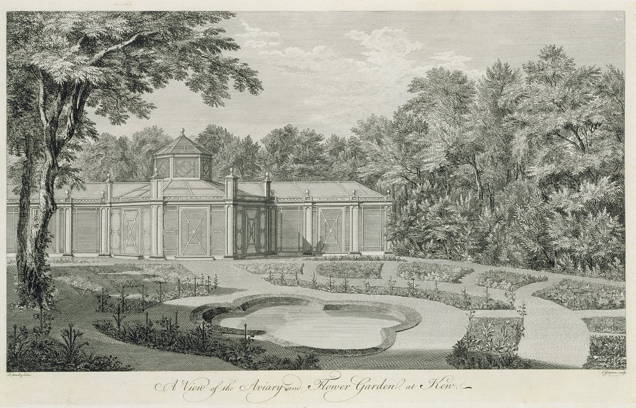 Widok na wolierę i ogród kwiatowy w Kew, z "Plans, Elevations, Sections and Perspective Views of the Gardens and Buildings at Kew in Surry", autorstwa Sir Williama Chambersa (1726-96), rytowany przez Cha autorstwa Thomas Sandby