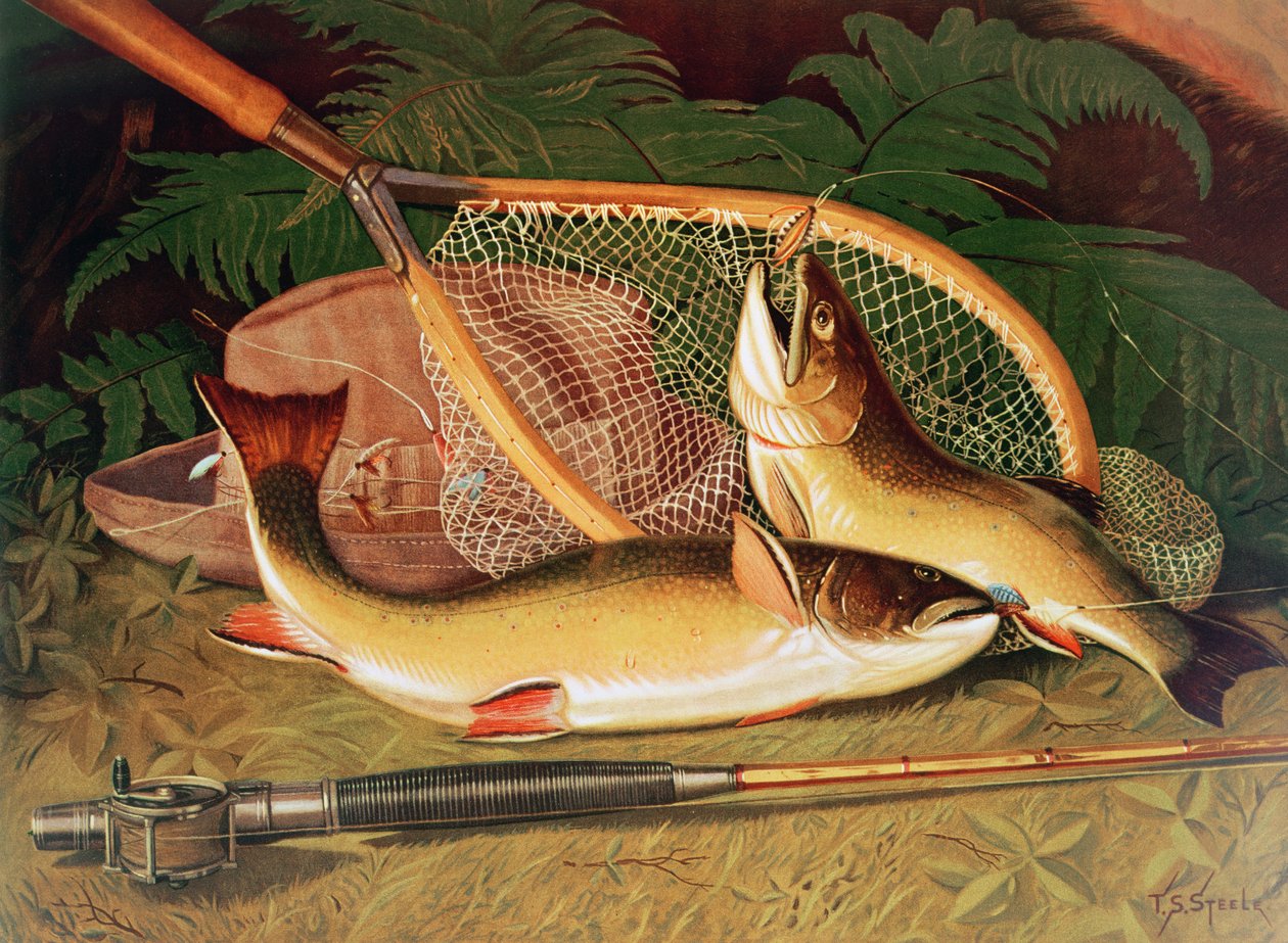Martwa natura z pstrągiem łososiowym, wędką i siatką autorstwa Thomas Sedgwick Steele