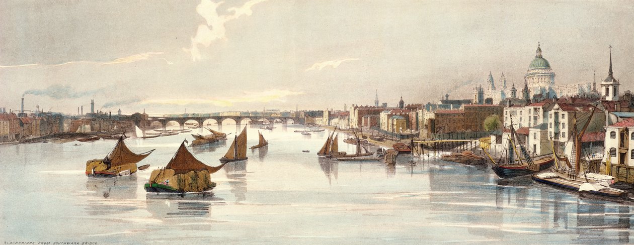 Blackfriars, z Southwark Bridge, z „London As It Is”, grawerowane i pub. przez artystę, 1842 autorstwa Thomas Shotter Boys