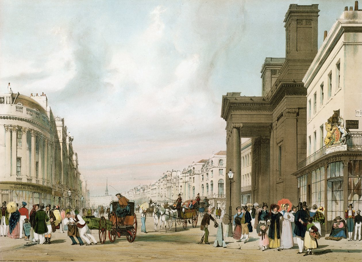 Regent Street Looking Towards the Quadrant, z filmu „London As It Is”, wygrawerowany i pub. przez artystę, 1842 autorstwa Thomas Shotter Boys