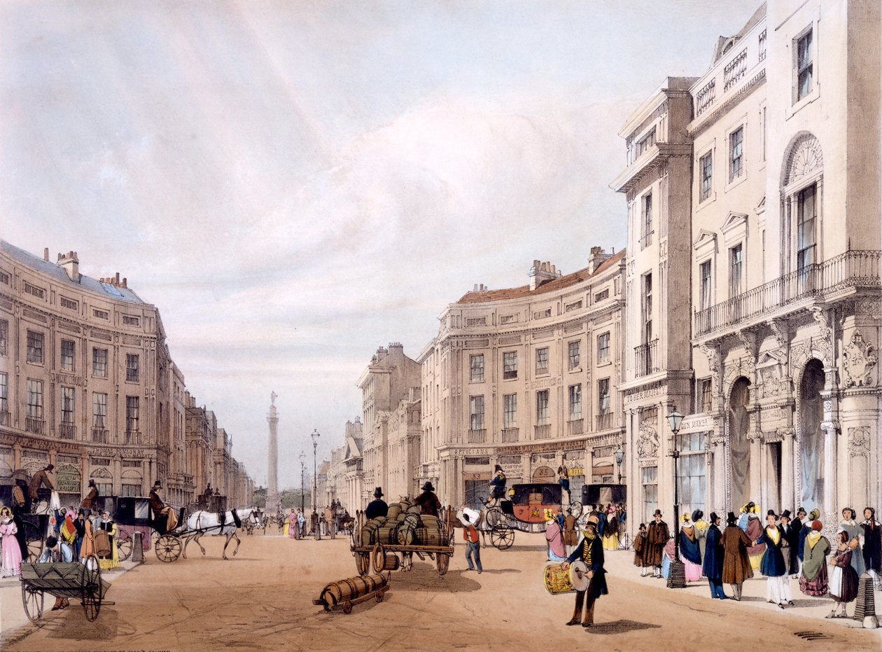 Regent Street, patrząc w kierunku Kolumny Księcia Yorku, z "London as it is Drawn from Nature", 1842 autorstwa Thomas Shotter Boys