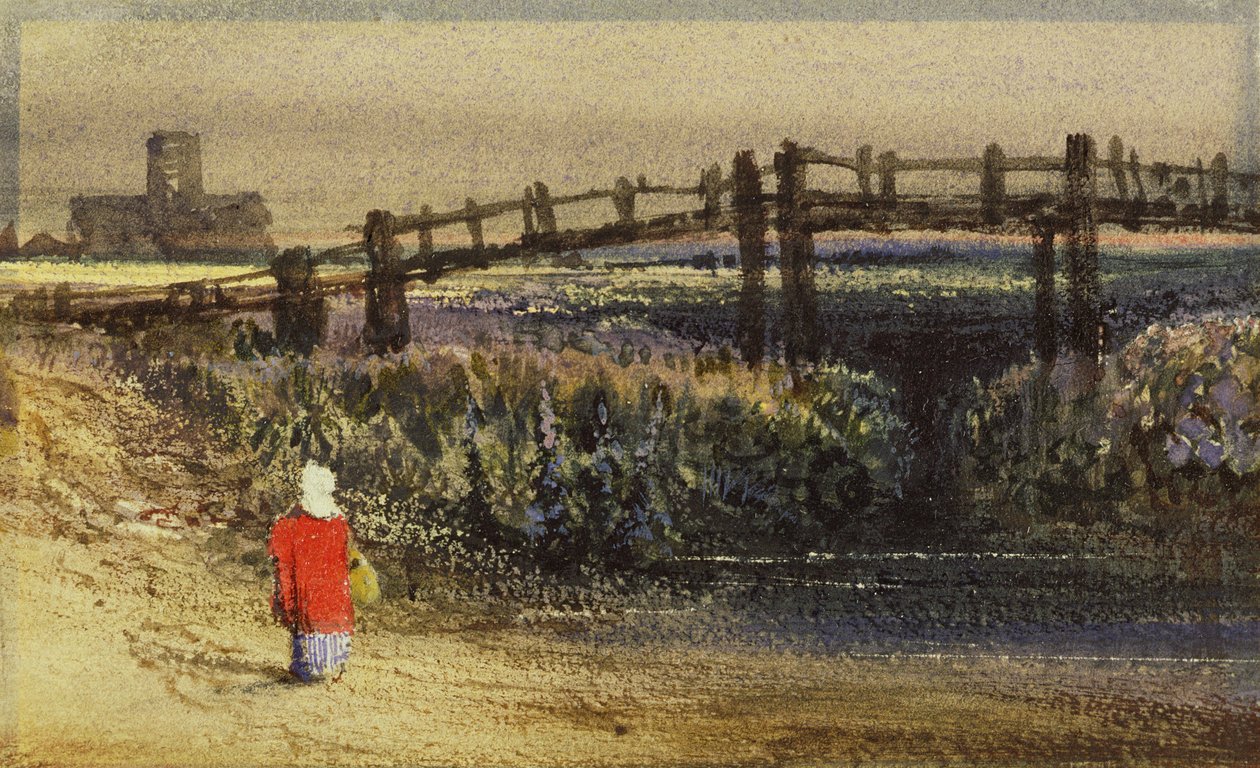 Kładka (pejzaż z czerwonym płaszczem) (wc i guma arabska na papierze) autorstwa Thomas Shotter Boys