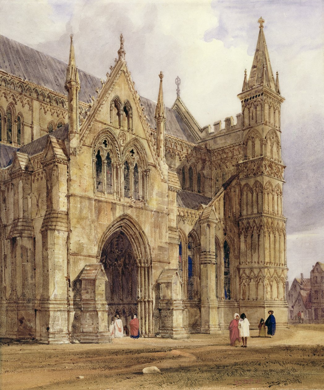 Ganek północno-zachodni katedry w Salisbury, 1832 (toaleta z piórem i brązowym tuszem na ołówku na papierze) autorstwa Thomas Shotter Boys
