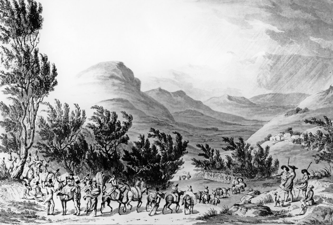 Serra de Estrella lub de Neve, Marsz bagażu w ślad za armią, 16 maja 1811, ryty przez Charlesa Turnera, 1815 autorstwa Thomas Staunton St. Clair
