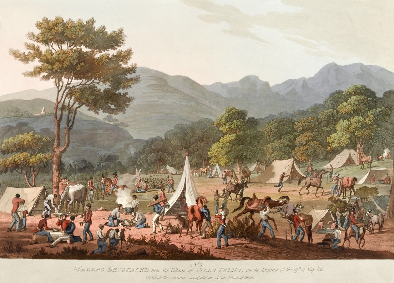 Oddziały Bevouac?d [sic] w pobliżu wsi Villa Velha, wieczorem 19 maja 1811 r., Ukazując [sic] różne zajęcia obozowiska, 1810-11 autorstwa Thomas Staunton St. Clair