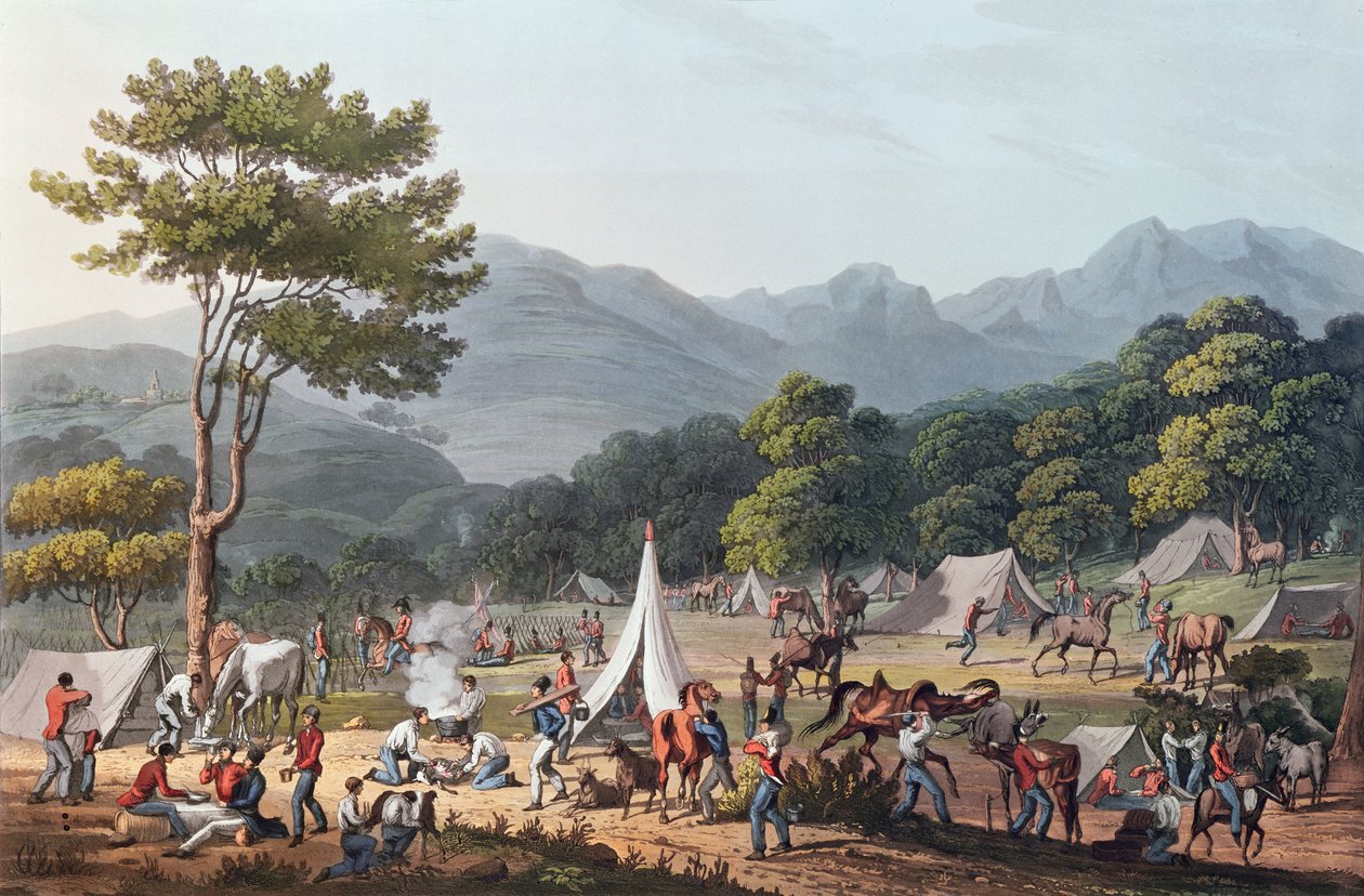 Żołnierze biwakowa niedaleko Vila Velha, ryty C. Turner, 19 maja 1811 (litografia kolorowa) autorstwa Thomas Staunton St. Clair
