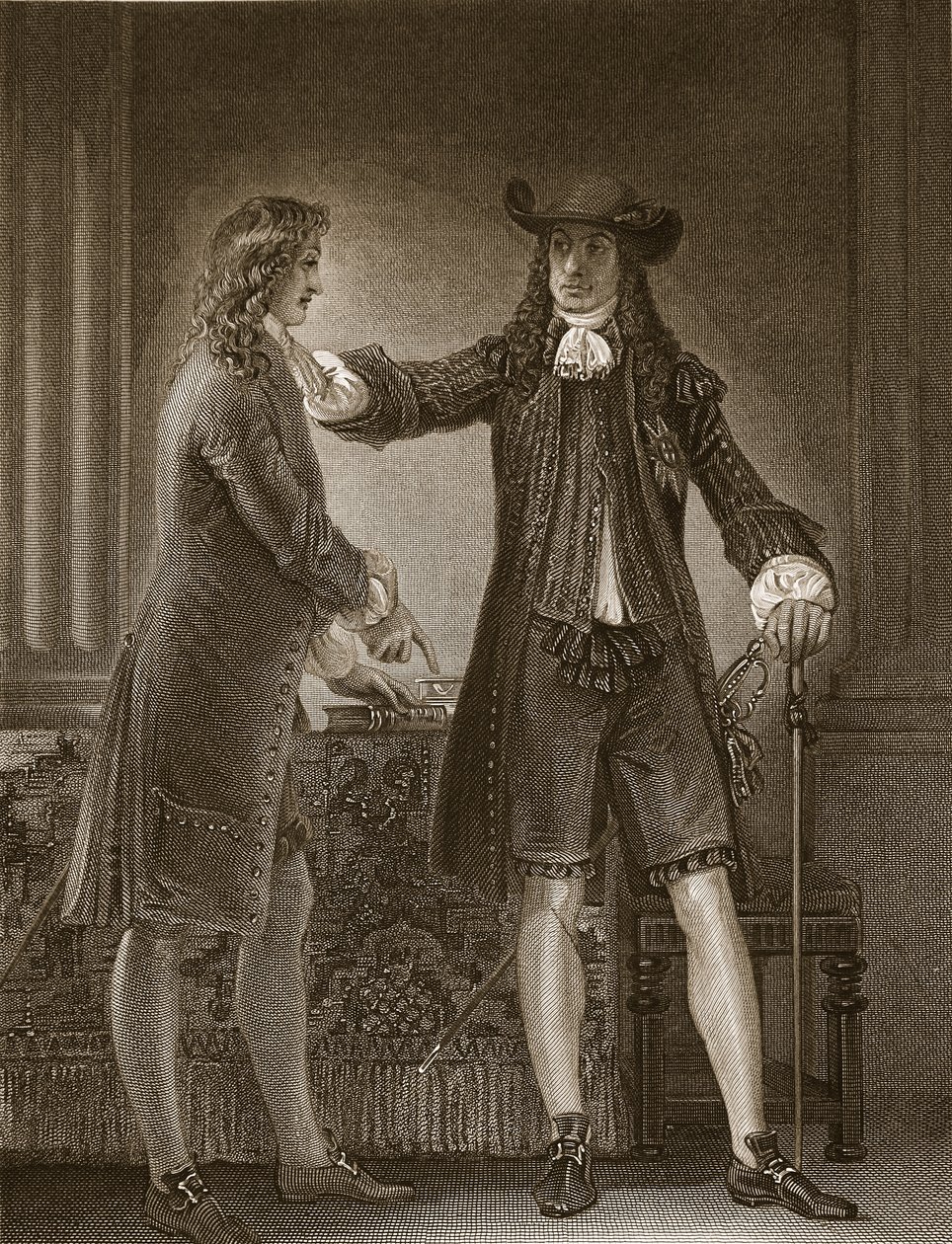 Charles II i Sir William Temple, grawerowane przez J. Parkera, ilustracja z „Historii Anglii” Davida Hume