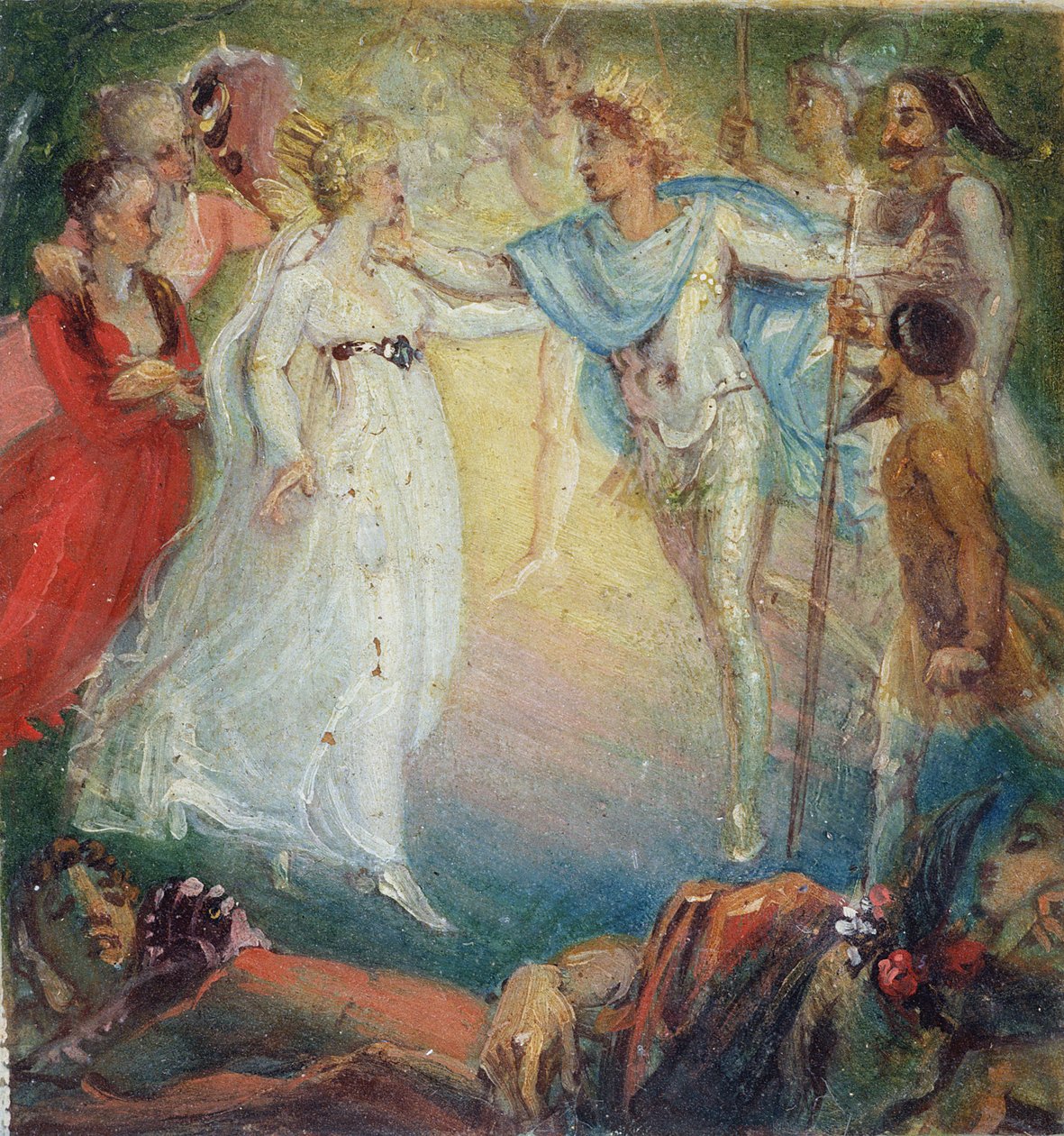 Уильям Шекспирийн (1564-1616) "Зуны шөнийн зүүд" киноны Оберон ба Титаниа 1806 (хөлөг онгоцон дээр наасан цаасан дээрх тос)поли autorstwa Thomas Stothard