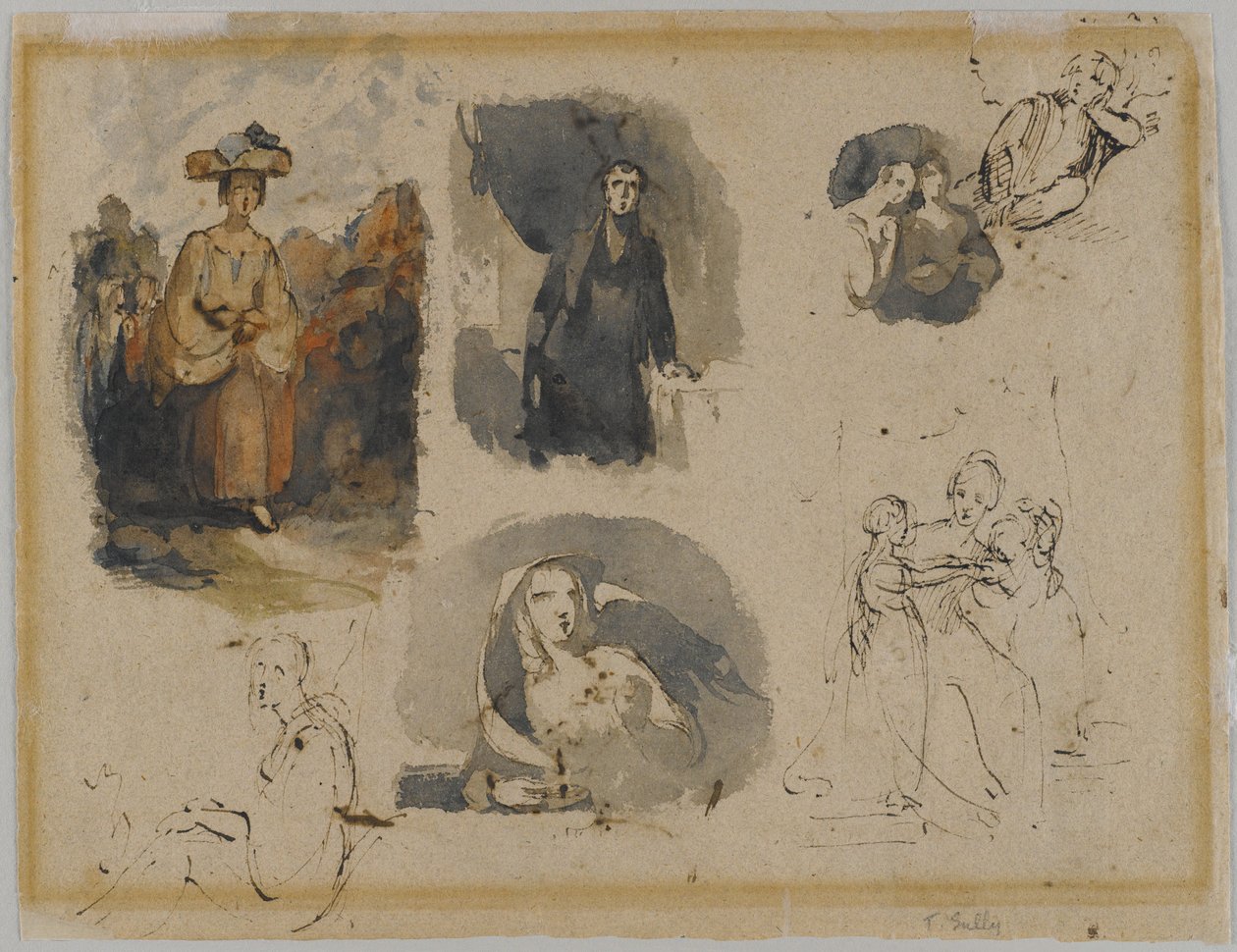 [Bez tytułu] (Studia siedmiu figur), ok. 1830 (atrament żelazo galasowy i toaleta na beżowym, średniej gramaturze, umiarkowanie teksturowanym antycznym papierze kładzionym) (verso) autorstwa Thomas Sully