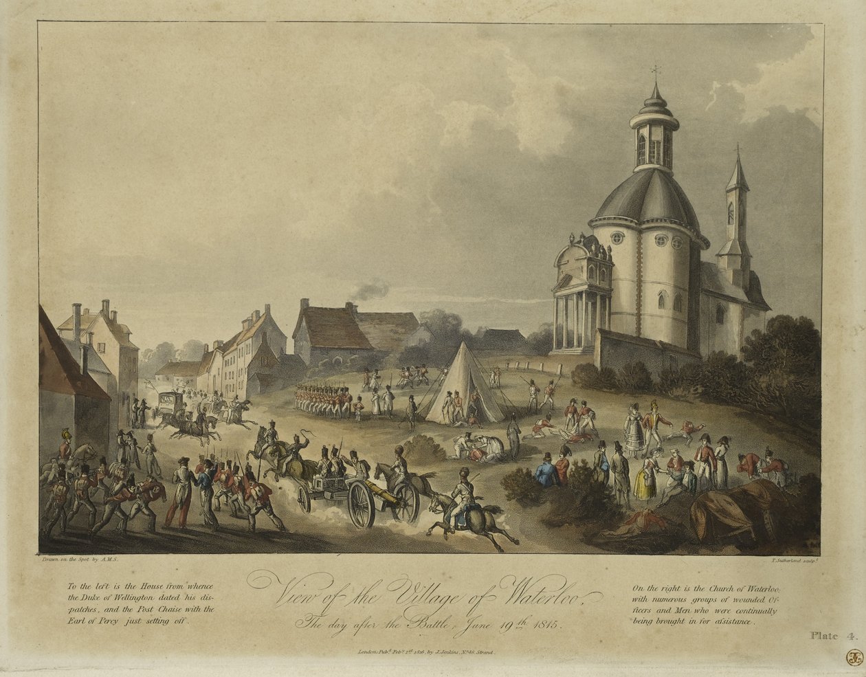 Widok wsi Waterloo, dzień po bitwie, 19 czerwca 1815, po A.M.S., wyd. James Jenkins, 1 lutego 1816 (akwatinta kolorowa) autorstwa Thomas Sutherland