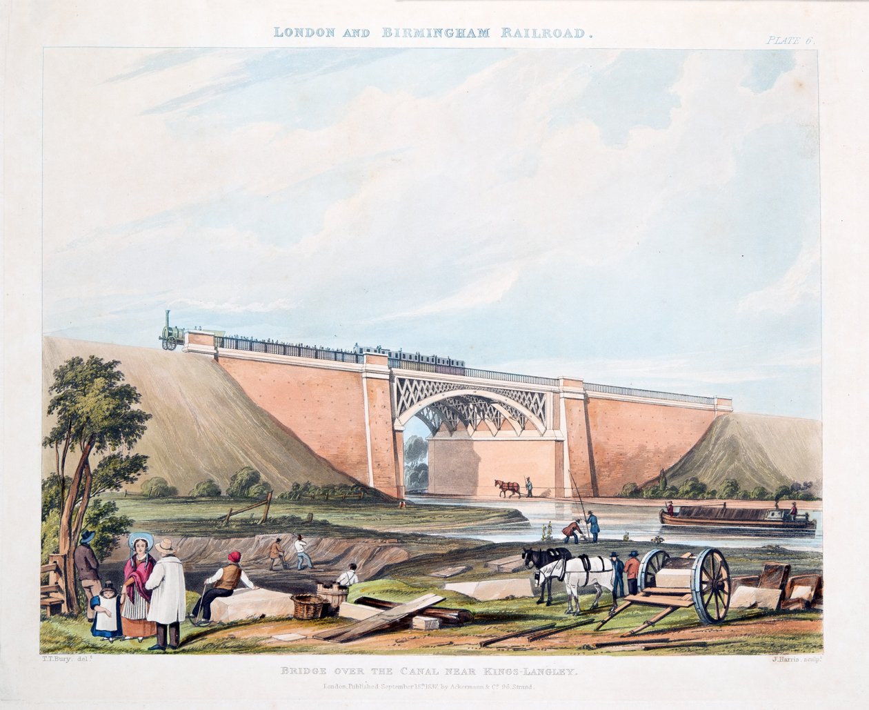 Most nad kanałem w pobliżu Kings-Langley, 1837 (ręcznie kolorowany grawerunek) autorstwa Thomas Talbot Bury
