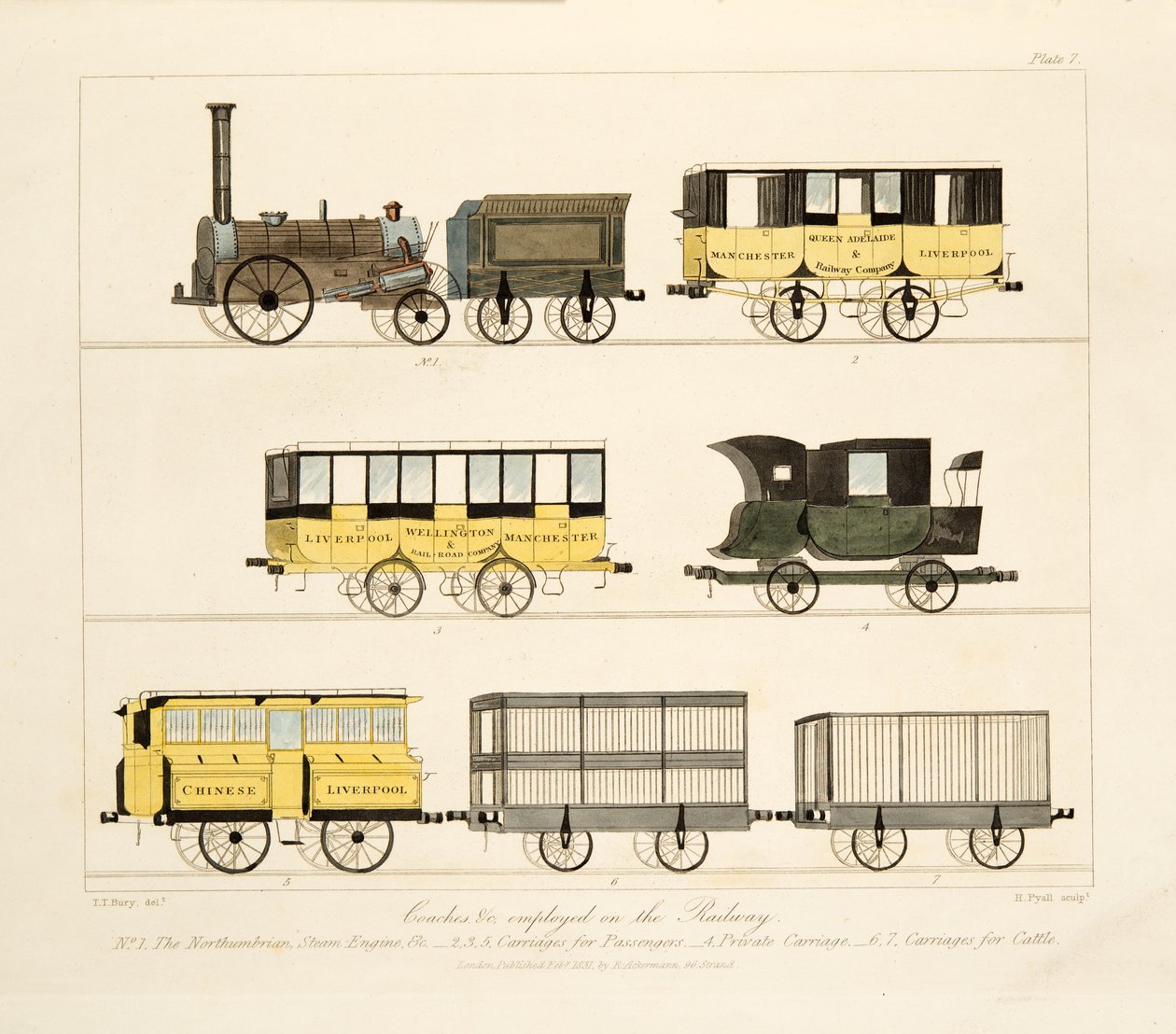 Wagony itp. zatrudnione na kolei, 1831 (rycina ręcznie kolorowana) autorstwa Thomas Talbot Bury