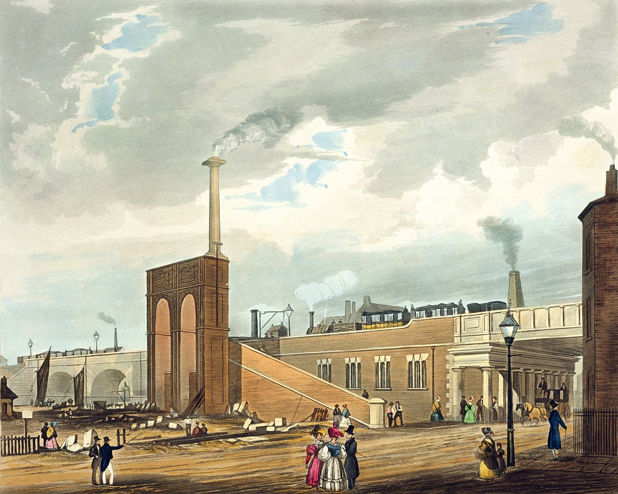 Wejście do Manchesteru przez Water Street, tablica 6 z „Kolorowego widoku kolei Liverpool und Manchester Railway”, wydanej przez Ackermann und Co., Londyn, 1833 autorstwa Thomas Talbot Bury