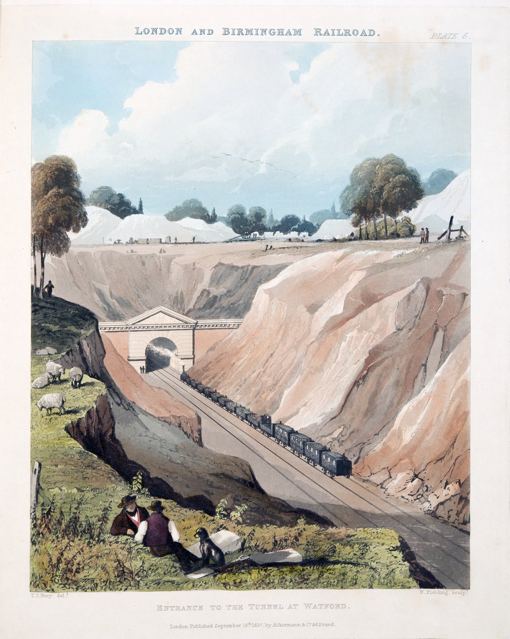 Wejście do tunelu w Watford, 1837 (ręcznie kolorowane grawerowanie) autorstwa Thomas Talbot Bury
