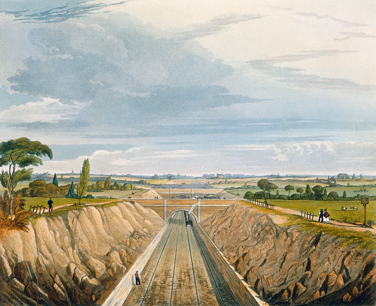 Niedaleko Liverpoolu, patrząc w stronę Manchesteru, tablica 11 z „Kolorowy widok kolei Liverpool und Manchester Railway”, ryt. H. Pyall, wyd. Ackermann und Co., Londyn, 1833 autorstwa Thomas Talbot Bury