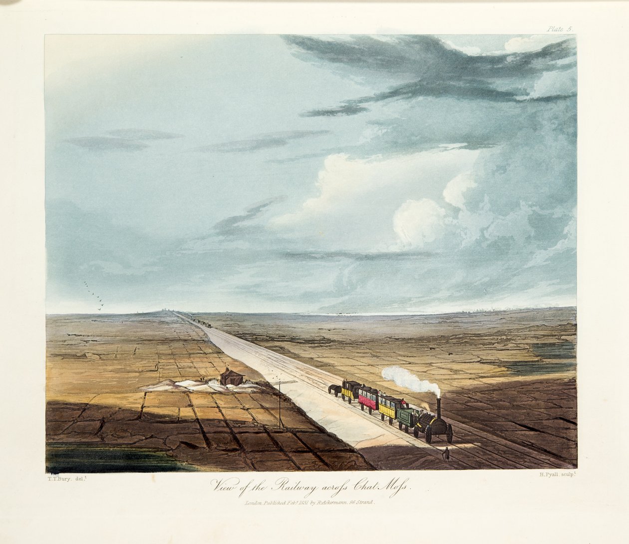 Widok kolei przez Chat Moss, 1831 (ręcznie kolorowane grawerowanie) autorstwa Thomas Talbot Bury