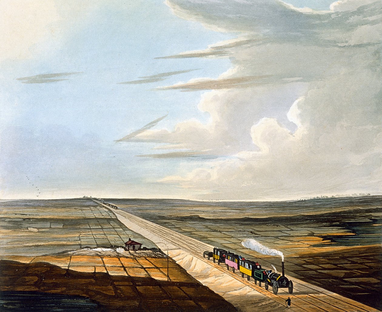 Widok linii kolejowej przez Chat Moss, tablica 5 z "Coloured View of the Liverpool und Manchester Railway", wyryty przez H. Pyall, wydany przez Ackermann und Co, Londyn, wydany w 1833 r. autorstwa Thomas Talbot Bury