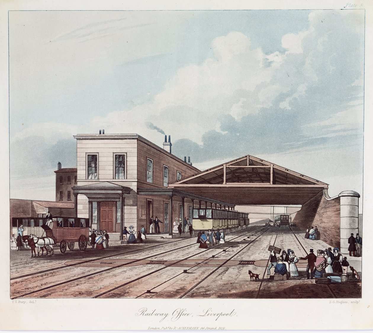 Urząd Kolejowy, Liverpool, grawerowane przez S.G. Hughesa, 1831 (kolorowa akwatinta) autorstwa Thomas Talbot after Bury