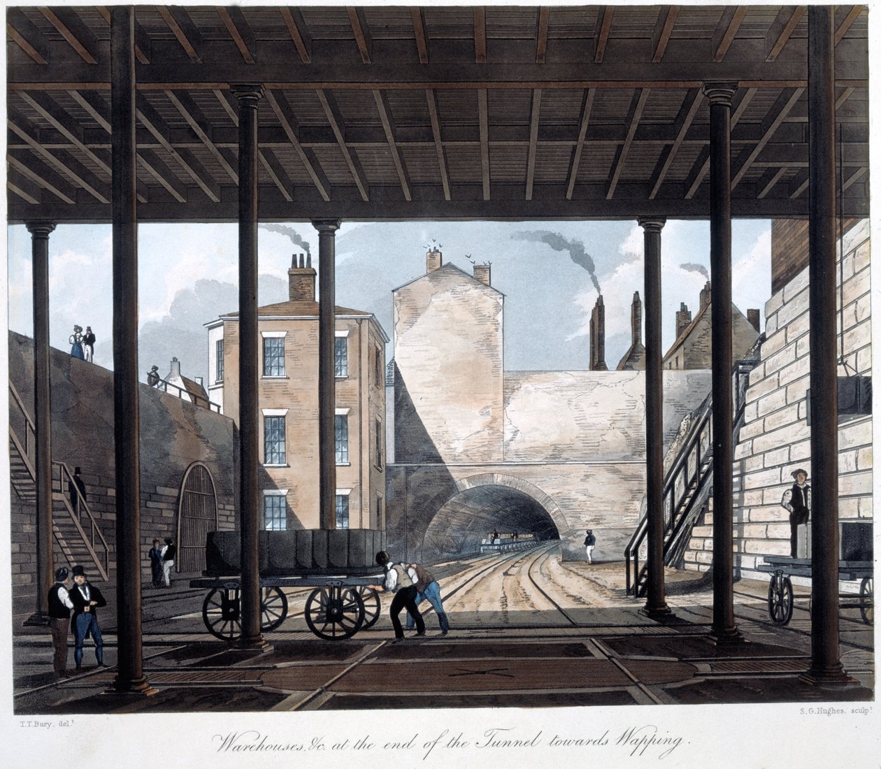 Magazyny i roboty na końcu tunelu w kierunku Wapping, grawerowane przez S.G. Hughesa, 1831 (akwatinta ręcznie kolorowana) autorstwa Thomas Talbot after Bury
