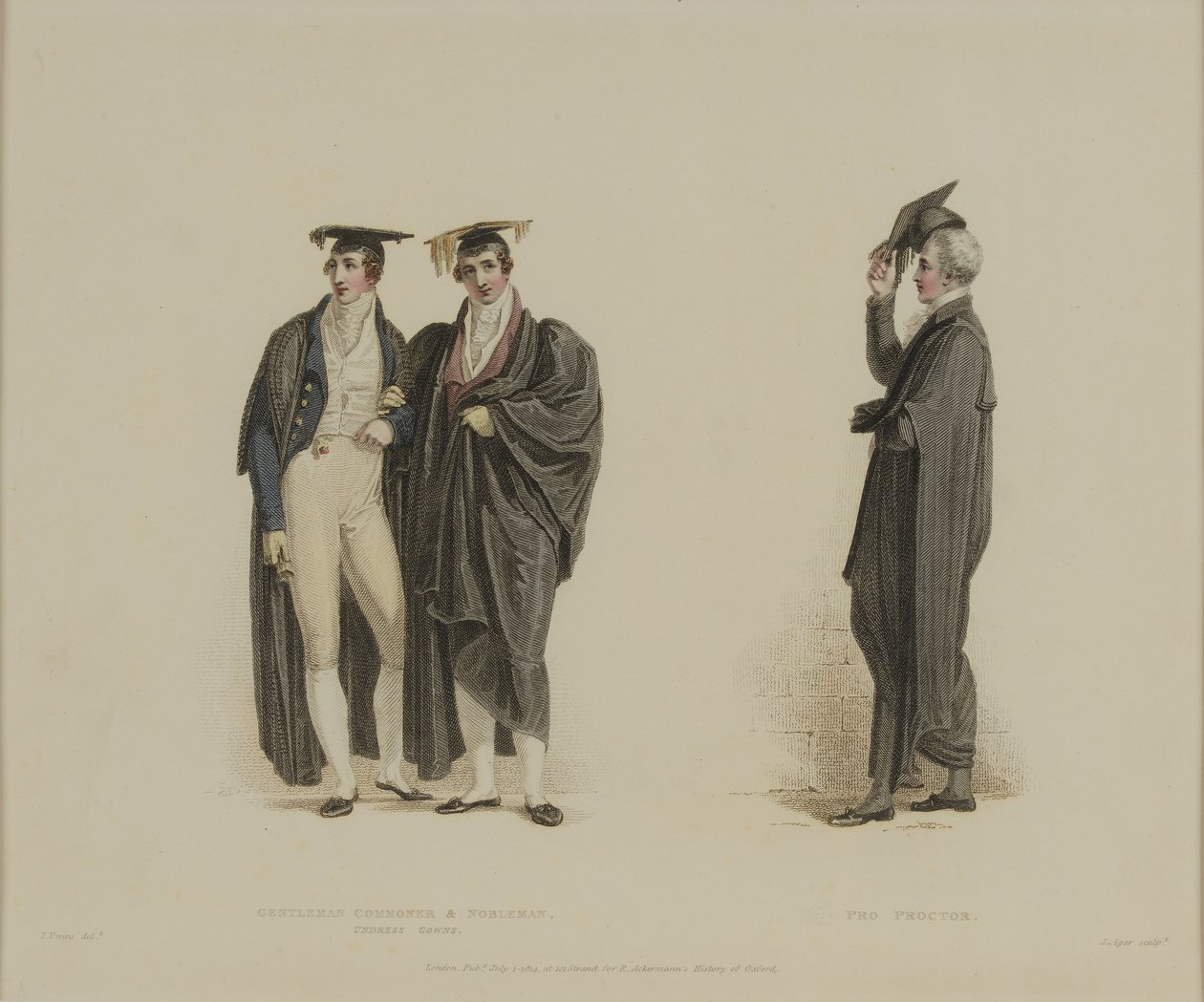 Gentleman Commoner und Nobleman z Pro Proctor, ryt. J. Agar, opublikowany w „History of Oxford” R. Ackermanna, 1813 (rycina ręcznie kolorowana) autorstwa Thomas Uwins