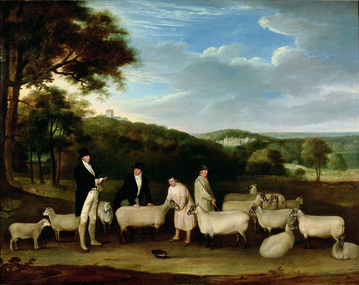 Portret Thomasa Williama Coca-Coli, Esq. (1752-1842) przeprowadza inspekcję niektórych swoich owiec z South Down z panem Waltonem i pasterzami Holkham autorstwa Thomas Weaver