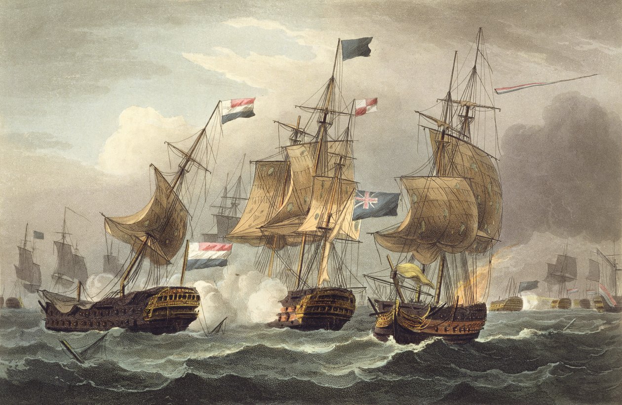 Akcja poza Camperdown, 11 października 1797, grawerowana przez Thomasa Sutherlanda dla „Naval Achievements” J. Jenkinsa, 1816 (kolorowa grawerunek) autorstwa Thomas Whitcombe