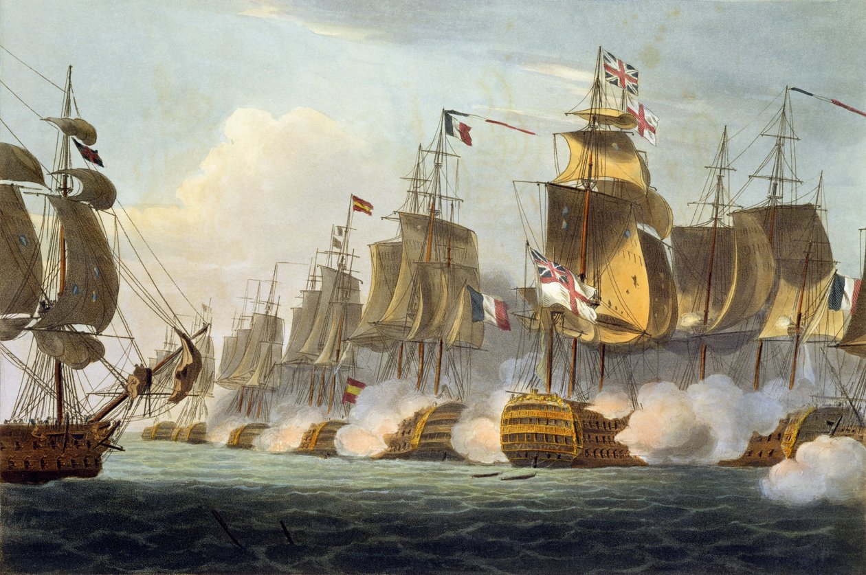 Bitwa pod Trafalgarem, 21 października 1805, z "The Naval Achievements of Great Britain" Jamesa Jenkinsa, rytowane przez Thomasa Sutherlanda (ur. ok. 1785), opublikowane 1816 (akwatinta ręcznie kolorowana) autorstwa Thomas Whitcombe