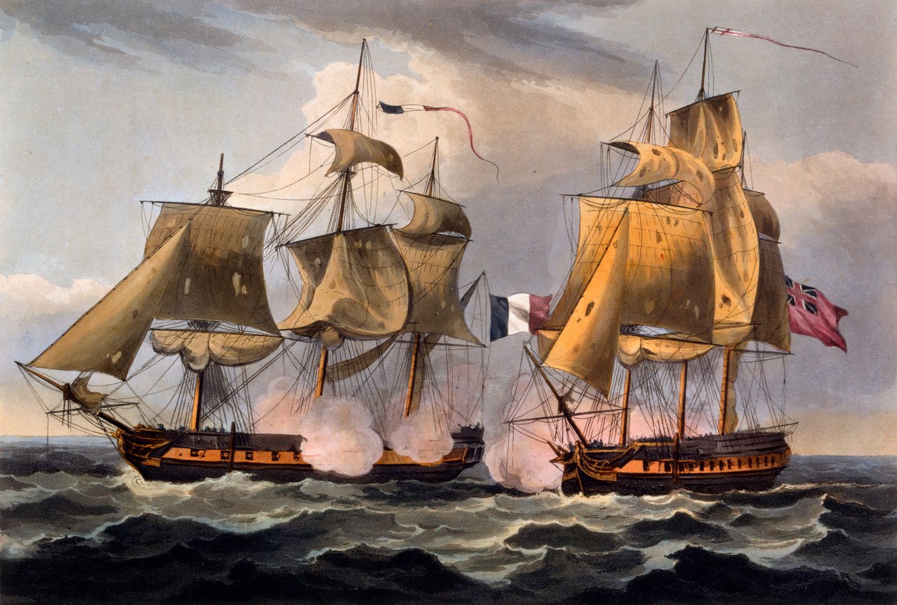 Capture of Castor, grafika wykonana przez Thomasa Sutherlanda, z „The Naval Achievements of Great Britain, From the Year 1793-1817”, James Jenkins, po raz pierwszy opublikowana w 1817 r. (akwatinta ręcznie kolorowana) autorstwa Thomas Whitcombe