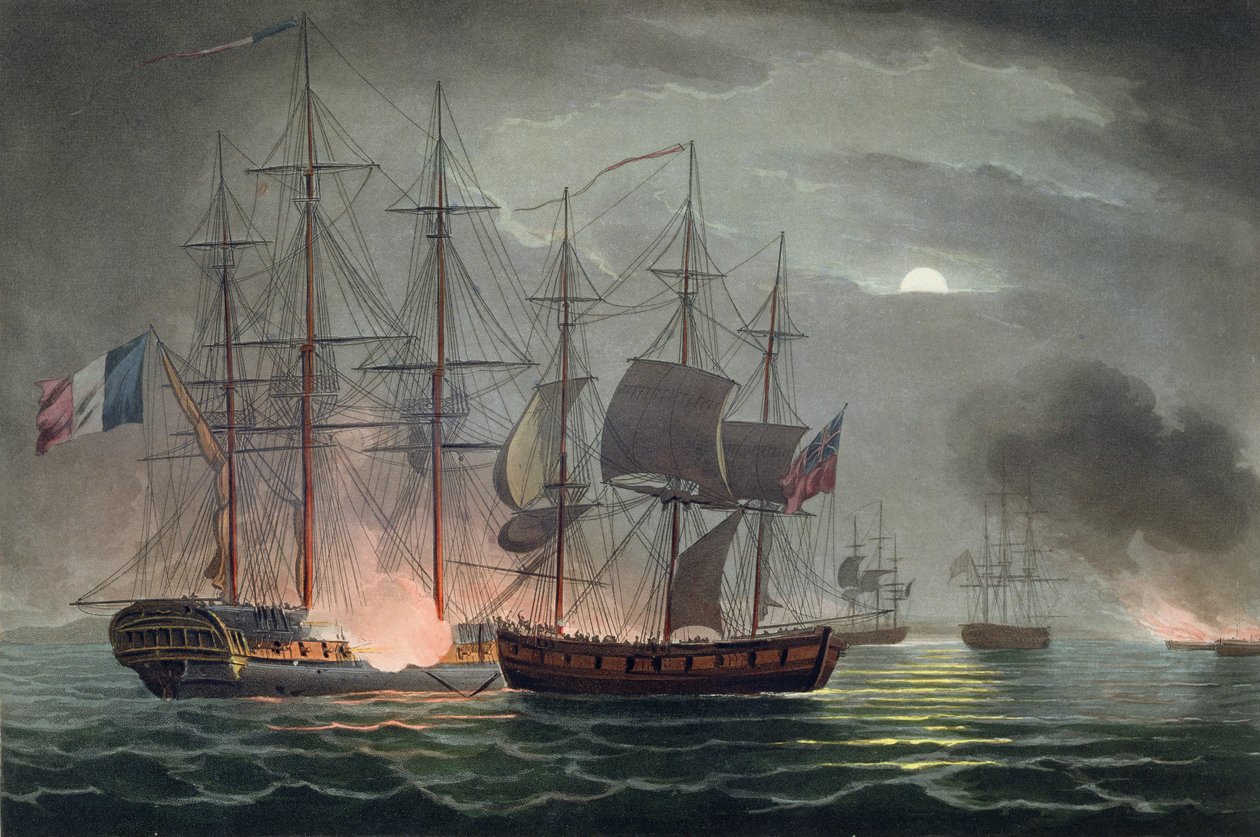 Ujęcie La Desiree, 7 lipca 1800, z „The Naval Achievements of Great Britain” Jamesa Jenkinsa, grawerowane przez Thomasa Sutherlanda (b.c.1785) opublikowane 1816 (akwatinta ręcznie kolorowana) autorstwa Thomas Whitcombe