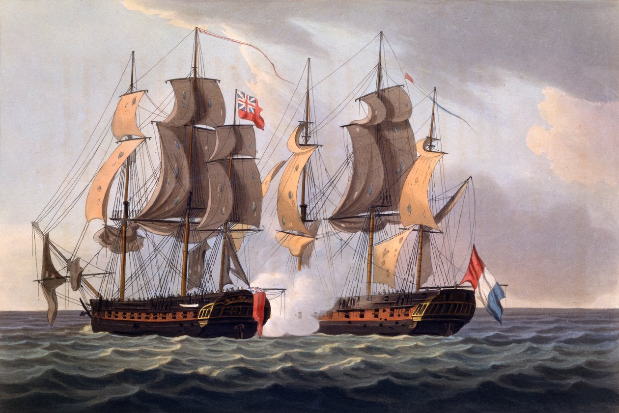 Capture of La Proserpine, grafika wykonana przez J. Jeakesa, z „The Naval Achievements of Great Britain, From the Year 1793-1817”, James Jenkins, po raz pierwszy opublikowana w 1817 r. (akwatinta ręcznie kolorowana) autorstwa Thomas Whitcombe
