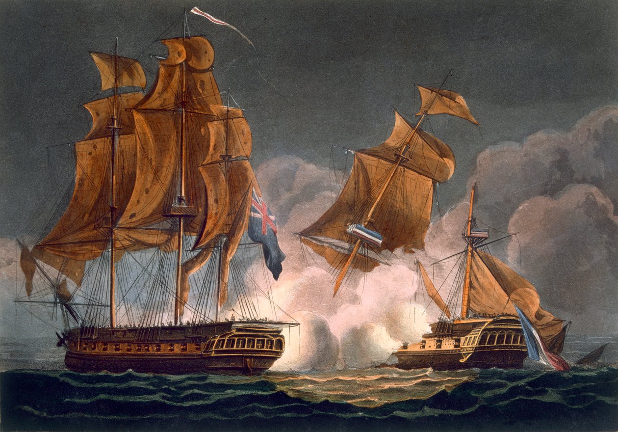 Ujęcie La Tribune, 8 czerwca 1796, grawerowane przez Thomasa Sutherlanda dla „Naval Achievements” J. Jenkinsa, 1816 (kolor grawerowany) autorstwa Thomas Whitcombe