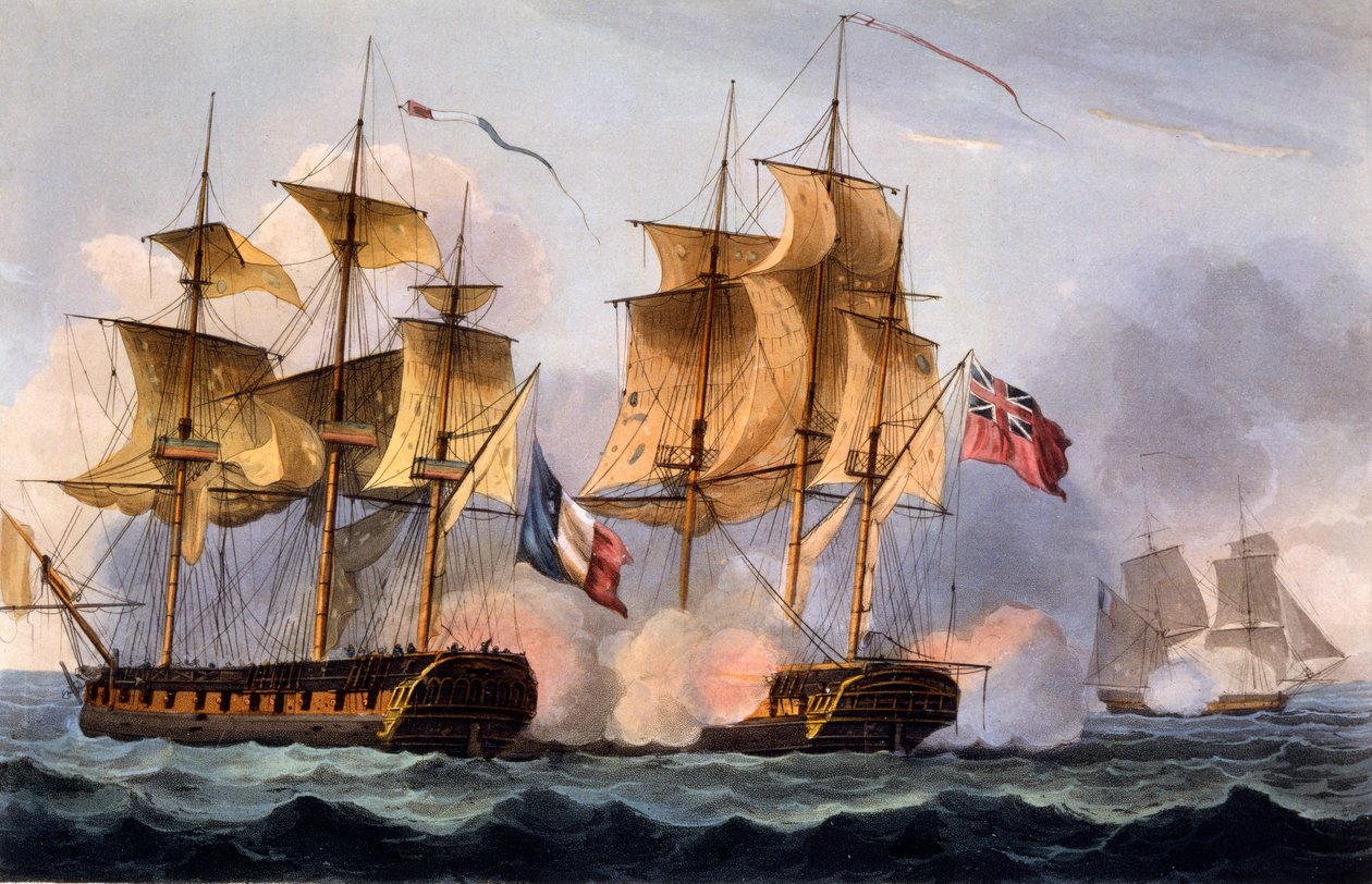 Capture of Le Desius, grafika wykonana przez Thomasa Sutherlanda, z „The Naval Achievements of Great Britain, From the Year 1793-1817”, James Jenkins, po raz pierwszy opublikowana w 1817 r. (akwatinta ręcznie kolorowana) autorstwa Thomas Whitcombe