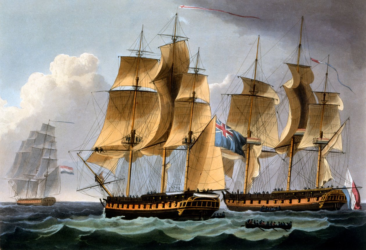 Zdobycie Furie i Waakzaamheid, 23 października 1796, z "The Naval Achievements of Great Britain" Jamesa Jenkinsa, rytowane przez Thomasa Sutherlanda, opublikowane 1817 (akwatinta ręcznie kolorowana) autorstwa Thomas Whitcombe