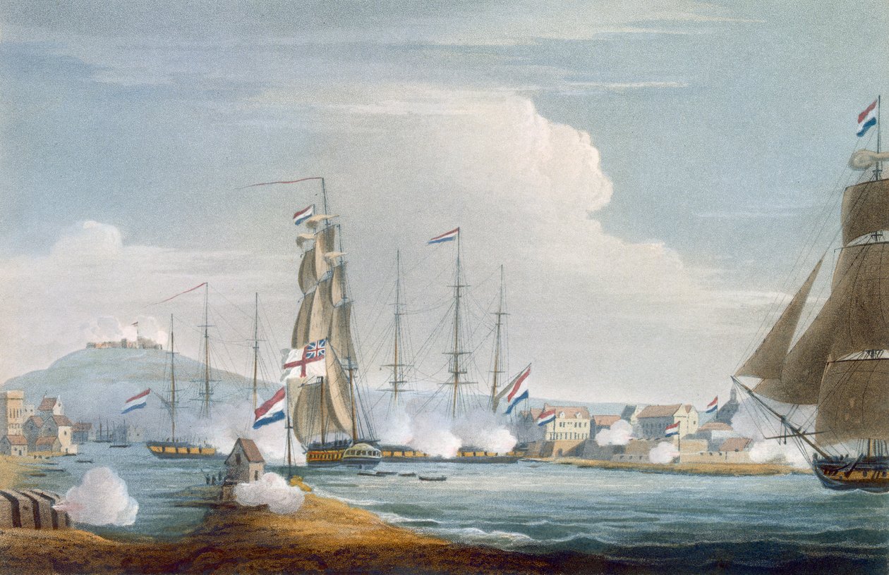 Zdobycie portu w Curacoa, Holenderskie Indie Wschodnie, grawerowane przez J. Baileya dla „The Naval Chronology of Great Britain” J. Ralfe, opublikowanej w 1820 r. autorstwa Thomas Whitcombe