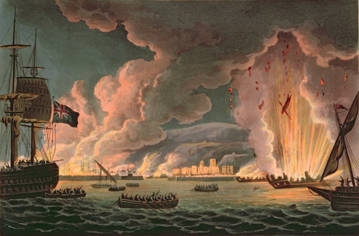 Zniszczenie floty francuskiej w Tulonie, 18 grudnia 1793, rycina Thomas Sutherland (ur. 1785) opublikowana w 1816 (patrz także 97232) autorstwa Thomas Whitcombe