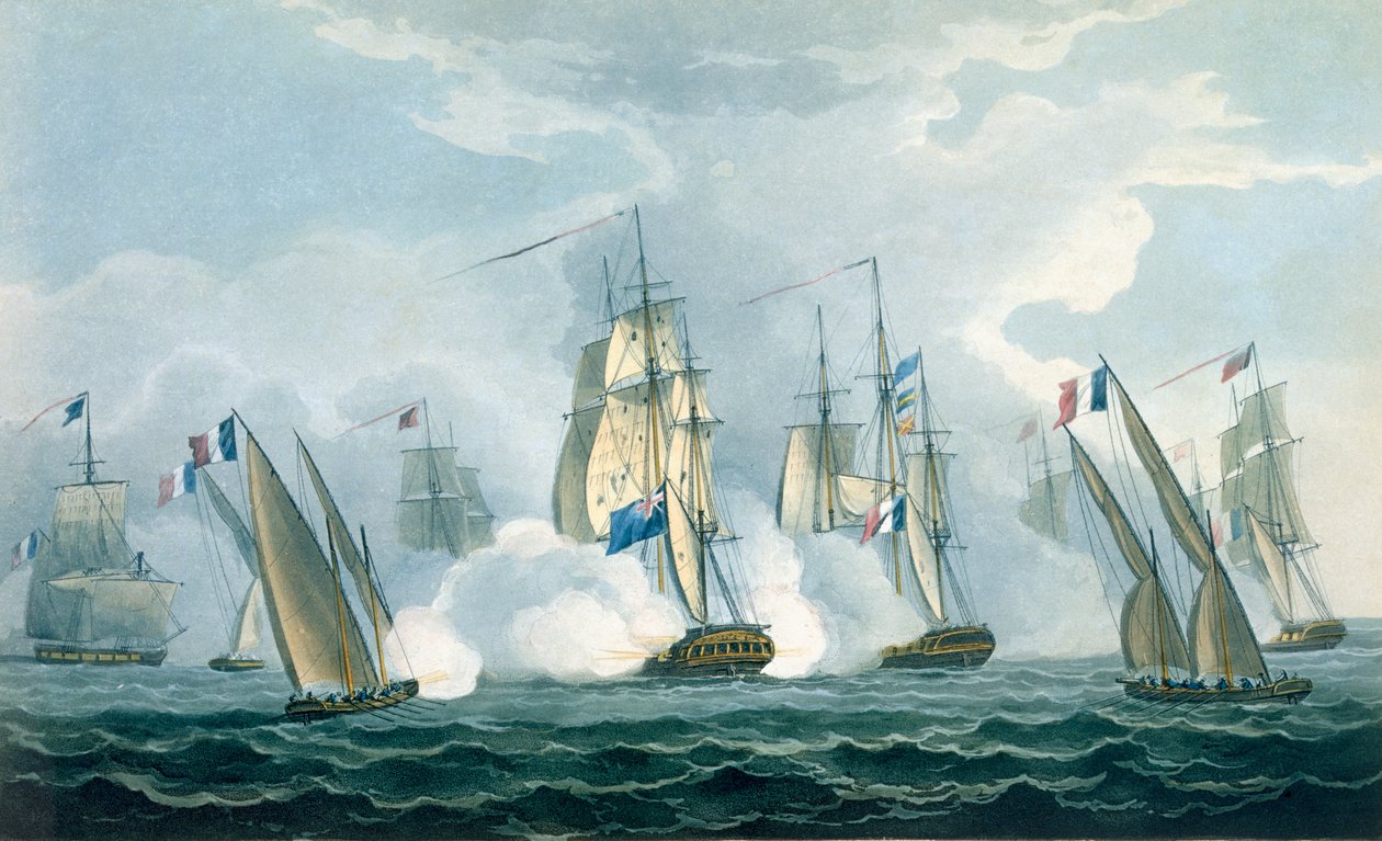 HMS Sirius, kapitan Rowse walczący z francuską eskadrą u ujścia Tybru, 17 kwietnia 1806 r., grawerowany przez T. Sutherlanda dla „The Naval Chronology of Great Britain” J. Ralfe, opublikowany w 1820 r. autorstwa Thomas Whitcombe