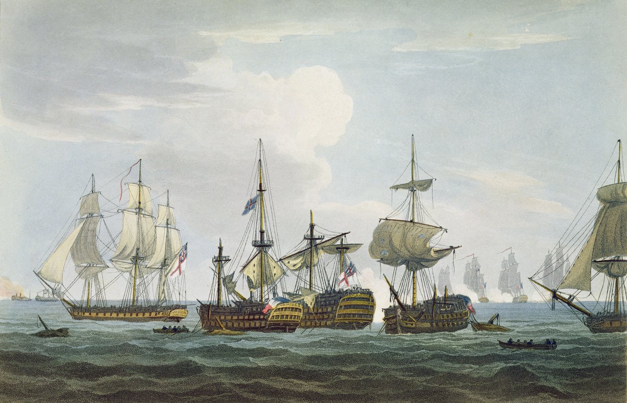 Sytuacja HMS Temeraire w bitwie pod Trafalgarem 21 października 1805 r., rycina wykonana przez T. Sutherlanda dla "The Naval Chronology of Great Britain" J. Ralfe, opublikowana w 1820 r. autorstwa Thomas Whitcombe