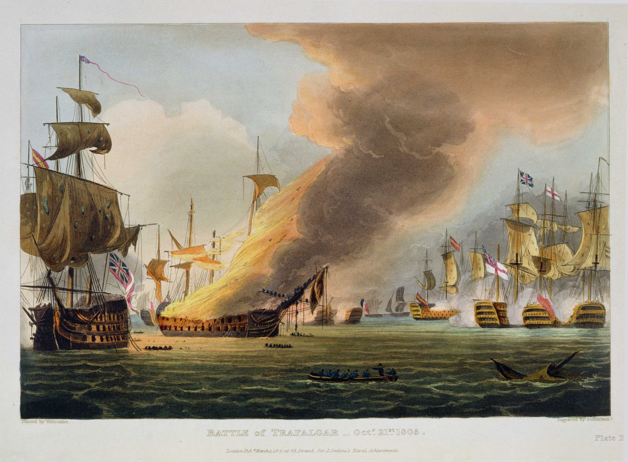 Bitwa pod Trafalgarem, 21 października 1805 r., rycina Thomasa Sutherlanda dla "Naval Achievements" J. Jenkinsa, 1816 r. (rycina kolorowa) autorstwa Thomas Whitcombe