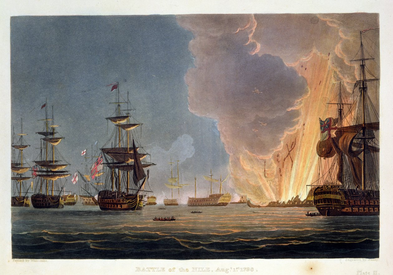 Bitwa nad Nilem, 1 sierpnia 1798 r., sztychowana przez Baileya dla „Naval Achievements” J. Jenkinsa, 1816 r. (kolorowa grawerunek) autorstwa Thomas Whitcombe