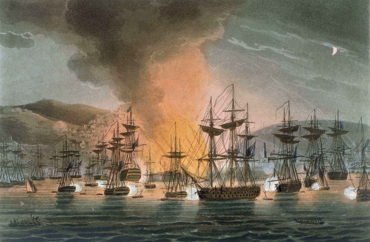 Bombardowanie Algieru, 27 sierpnia 1816, z „The Naval Achievements of Great Britain” Jamesa Jenkinsa, sztychowane przez Thomasa Sutherlanda (b.c.1785), opublikowane 1817 (akwatinta ręcznie kolorowana) autorstwa Thomas Whitcombe