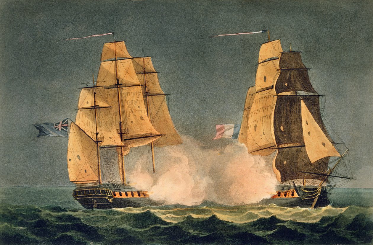 Zdobycie La Nereide, 21 grudnia 1797, grawerowane przez Thomasa Sutherlanda dla „Naval Achievements” J. Jenkinsa, 1816 (kolor grawerowania) autorstwa Thomas Whitcombe