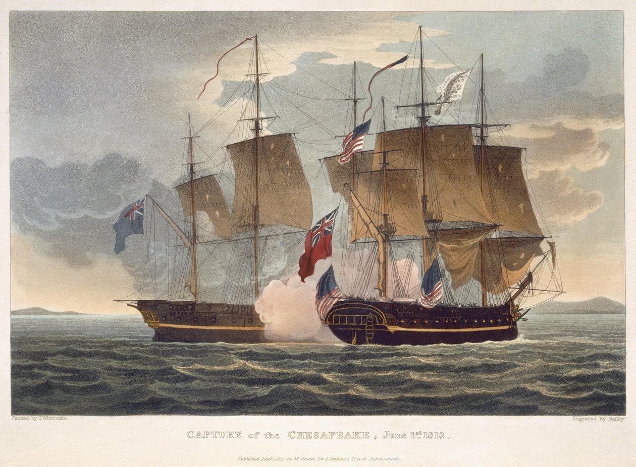 Zdobycie Chesapeake, 1 czerwca 1813, grawerowane przez Baileya dla „Naval Achievements” J. Jenkinsa, 1816 (kolorowe grawerowanie) autorstwa Thomas Whitcombe