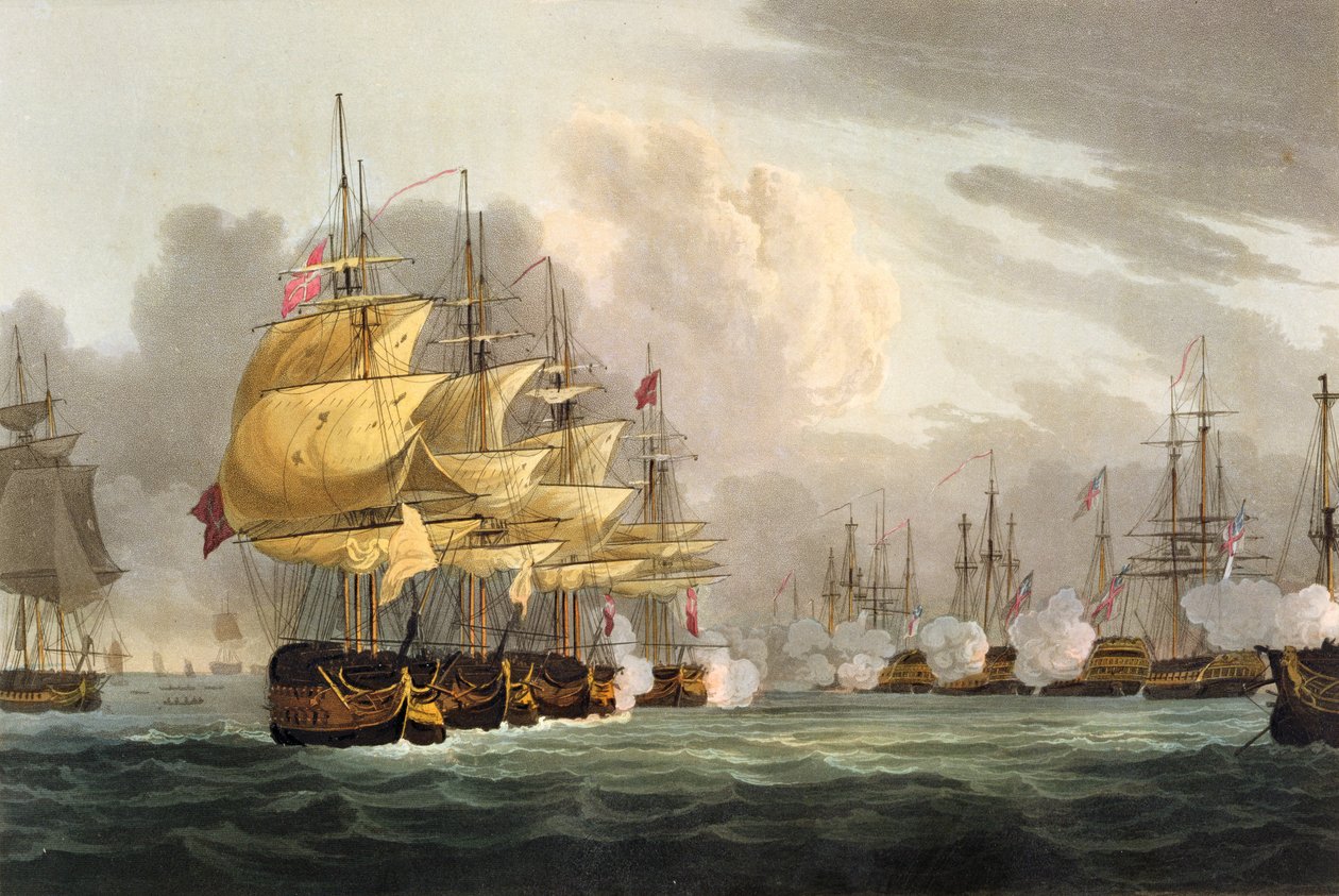 Zniszczenie floty duńskiej przed Kopenhagą, 2 kwietnia 1801, grawerowane przez Baileya dla „Naval Achievements” J. Jenkinsa, 1816 (kolorowa grawerunek) autorstwa Thomas Whitcombe