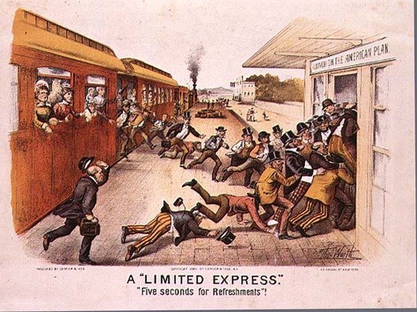Ekspres limitowany, Pięć sekund na poczęstunek, wyd. autorstwa Currier i Ives w Nowym Jorku, 1884 autorstwa Thomas Worth