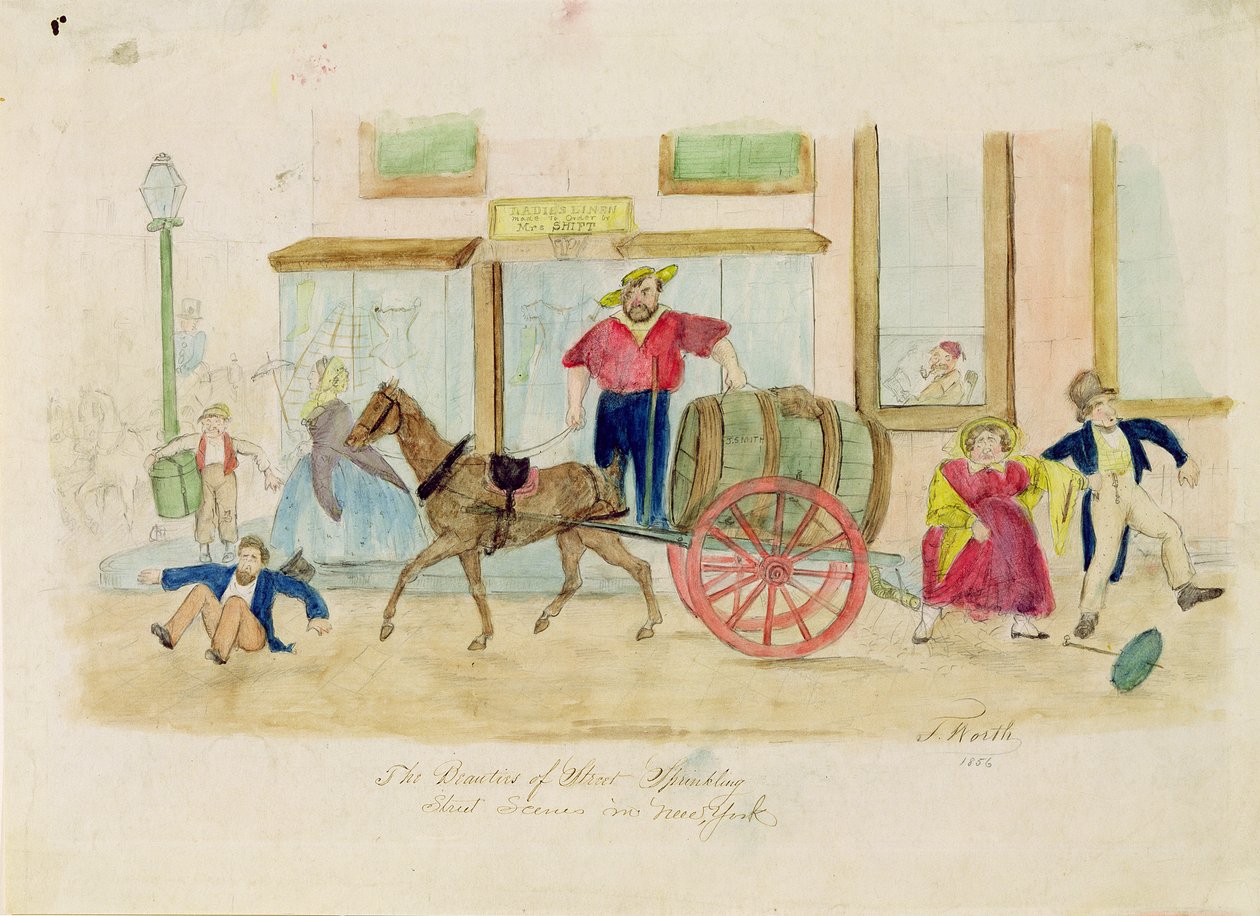 The Beauties of Street Sprinkling, Nowy Jork, 1856 (ołówek i toaleta na papierze) autorstwa Thomas Worth