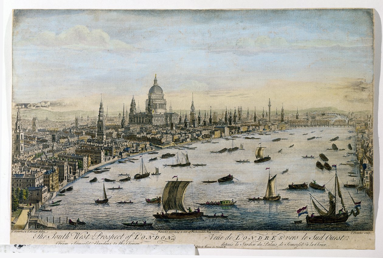The South-West Prospect of London z Somerset Gardens, grawerowane przez Thomasa Bowlesa, opublikowane 1 maja 1750 autorstwa Thomas Bowles