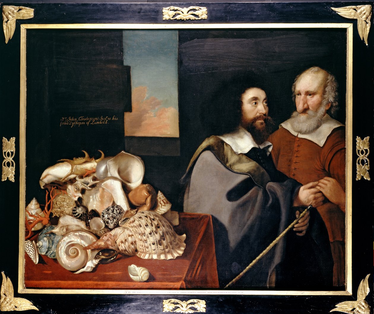 John Tradescant Młodszy z Rogerem Friend i kolekcją egzotycznych muszli, 1645 autorstwa Thomas de Critz
