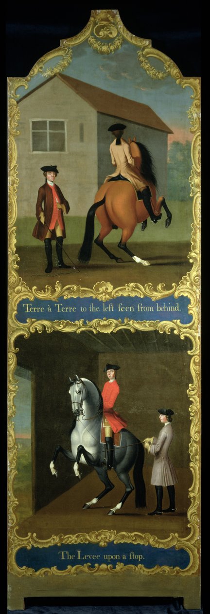 „Terre a Terre po lewej stronie widziane z tyłu” (u góry) i „Wał na przystanku” (na dole), ok. 1750 autorstwa Thomas, of Pall Mall Butler