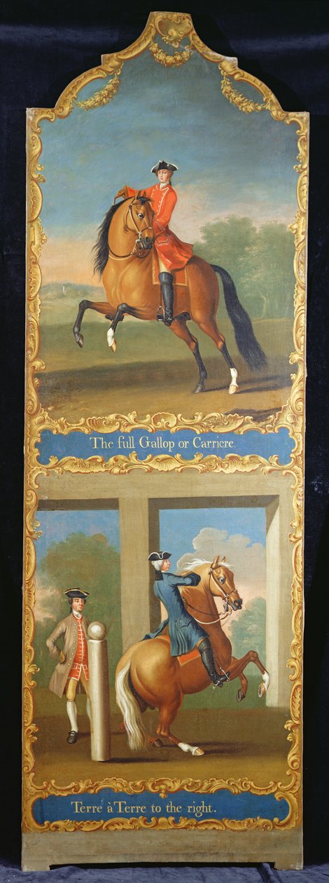 „Pełny galop lub Carriere” (na górze) i „Terre a Terre po prawej” (na dole), ok. 1750 autorstwa Thomas, of Pall Mall Butler